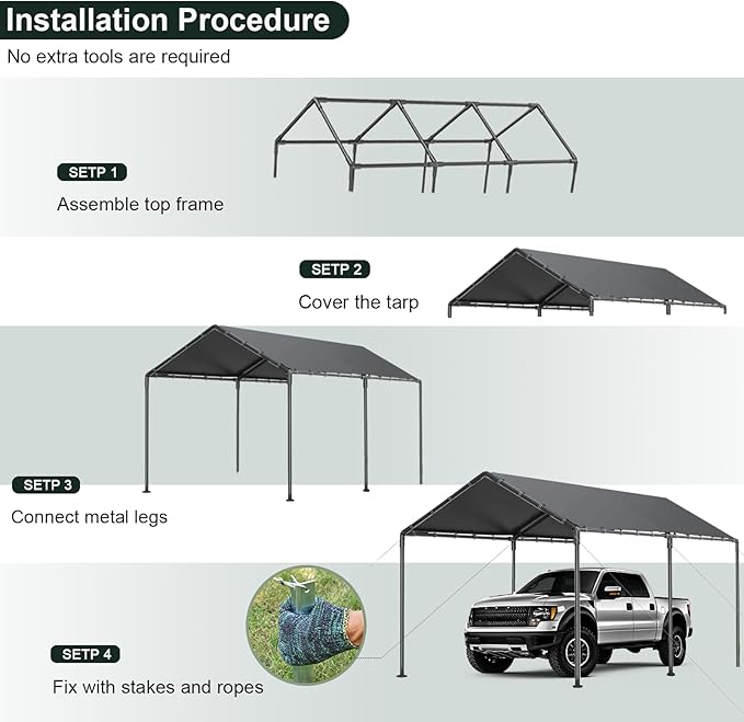 10x20 Heavy Duty Carport, Outdoor Carport Shelter with Reinforced Frame and Stakes, Waterproof Garage Car Port Tent (Gray)