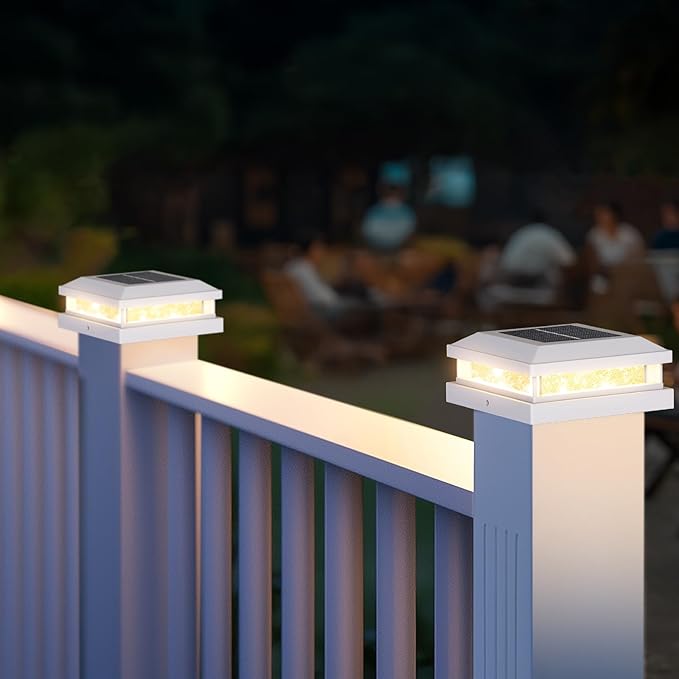 Brightever 4x4 Solar Light Outdoor 4 Packs, Waterproof Solar Powered Post Cap Light for 5x5 Vinyl/Wooden Post with Warm/Cool Lighting, White 16LEDs Deck Cap Lights for Outside, Garden, Patio, Porch