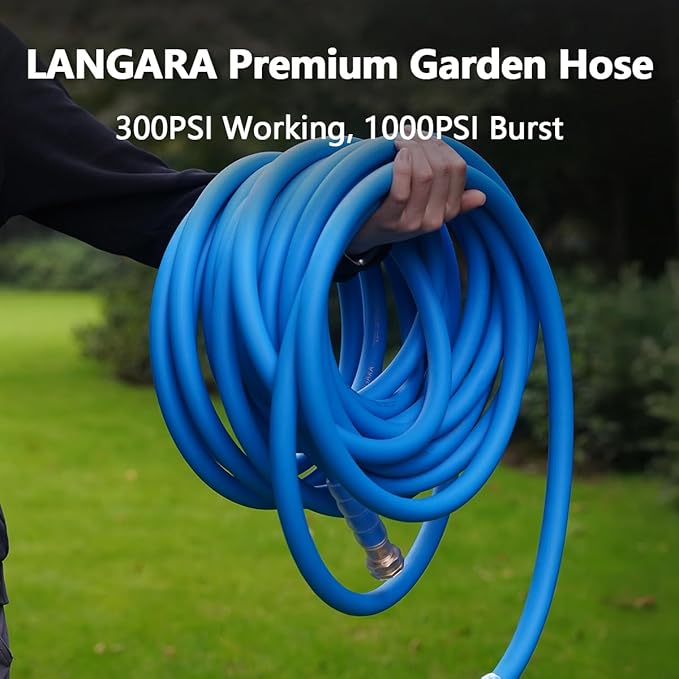 Heavy Duty Premium Garden Hose 125ft x 5/8, 300PSI Working, 1000PSI Burst, Hybrid Rubber Water Hose with Transparent Swivel Handle - Hot/Cold Water - Five Layered Braiding with Brass fittings (Blue)