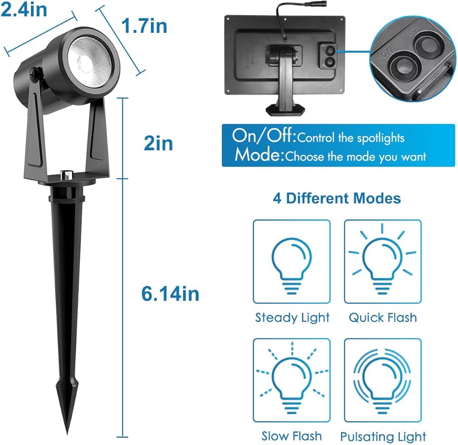 ZYAN Solar Landscape Spot Lights Outdoor 24ft Cable 6W Monocrystalline Panel & USB-C Powered 5400mAh All-Night Lighting Auto Dusk to Dawn IP65 Waterproof Warm White LED Uplights for Yard Pathway Trees