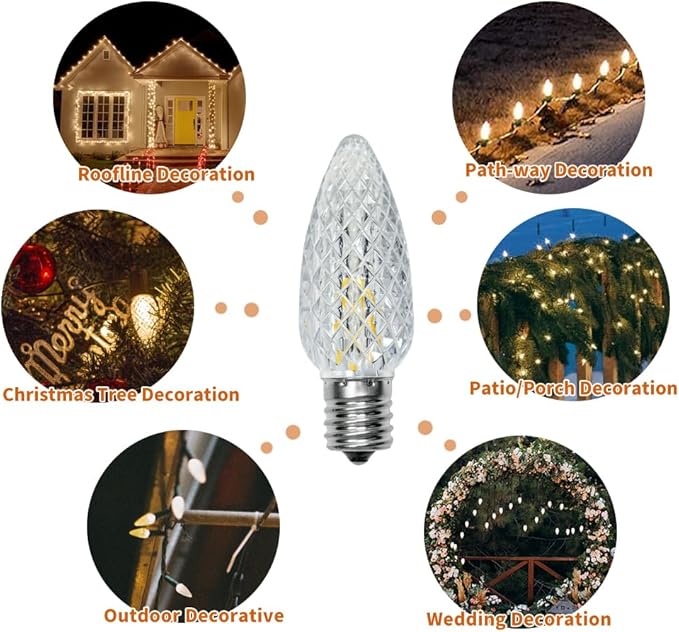 100PACK C9 Christmas Lights LED Replacement Bulbs，Shatterproof & Waterproof Plastic C9 Led Bulbs for Outdoor String Lights, E17 Base, 0.6W Equivalent to 7W, Warm White 2700K, 50LM Holiday Decoration