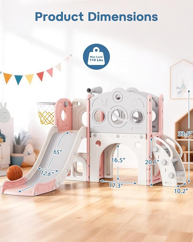 Babytronic Toddler Slide, 8 in 1 Kids Slide with Basketball Hoop, Telescope and Climber, Baby Slide Toddler Playground, Indoor Outdoor Playset for Toddlers Age 1-3, Kids Indoor Playground (Pink)