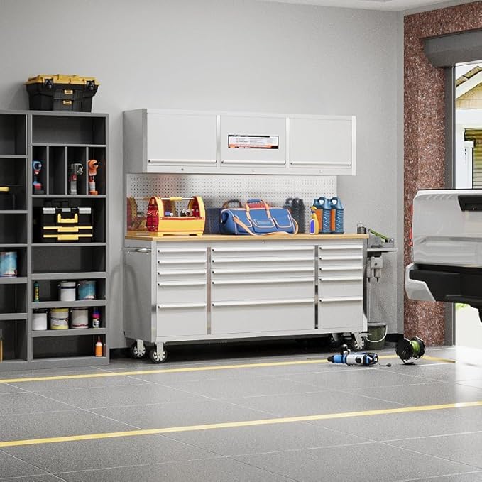 Tool Chest, 72 Inch Tool Box Mobile 9 Drawers Storage Rolling Cabinet with Wheels Lock Key Locking System Drawer Liners for Garage Warehouse Repair Shop, Sliver