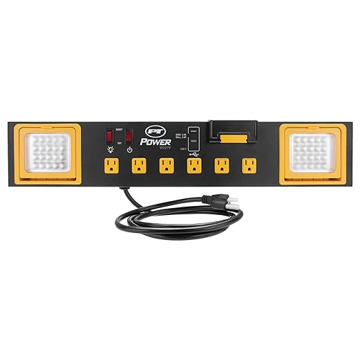 Performance Tool W2279 Commercial Grade Power Station with 6 Outlets, 2 USB Ports, Built-In Cradle, and LED Lights, Ideal for Workshops and Garages