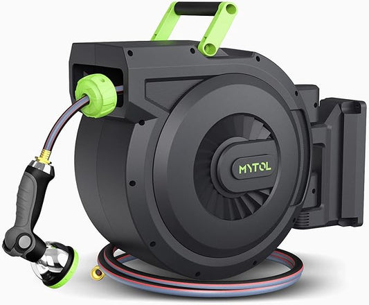 Retractable Garden Hose Reel, 1/2 Inch x 100 ft + 6 ft Wall Mount Hose Reel with Automatic Slow Rewind System, Any Length Lock, 10 Patterns Hose Nozzle, 180¡ÆSwivel Bracket, for Garden Watering