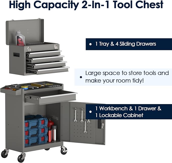5-Drawer Tool Box with Wheels, Rolling Tool Storage Cabinet with Detachable Top Tool Chest and Locking Mechanism, Metal Tool Cart for Garage Workshop and Room Use (Gray)