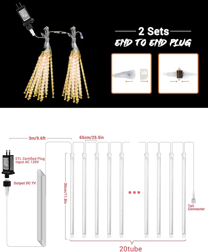 Warm White 20 Tubes Meteor Shower Icicle Lights 480 LED Raindrop Lights with Timer Function Cascading Falling Rain Light for Holiday Party Christmas Decorations