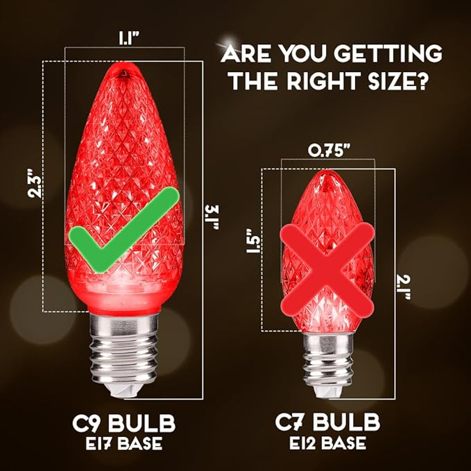 HLO Lighting Set of 500 Red C9 Faceted LED Christmas Light Bulbs for Indoor & Outdoor Use | Durable Replacement Bulbs
