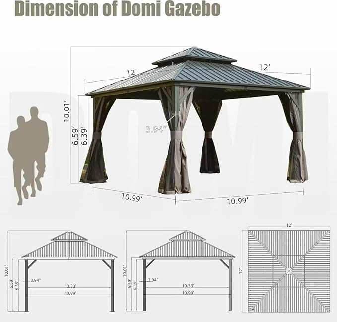 Domi 12’ X 12’ Hardtop Gazebo Canopy with Netting & Curtains, Outdoor Metal Gazebo with Galvanized Steel Double Roof for Patio Lawn and Garden, Gray
