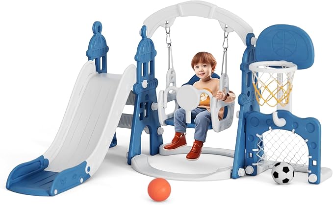 KORIMEFA 5-in-1 Kids Slide and Swing Set, Toddler Slide with Basketball Hoop, Swing, Outdoor Indoor Playground for Toddlers 1-3 (5 in 1- Blue)