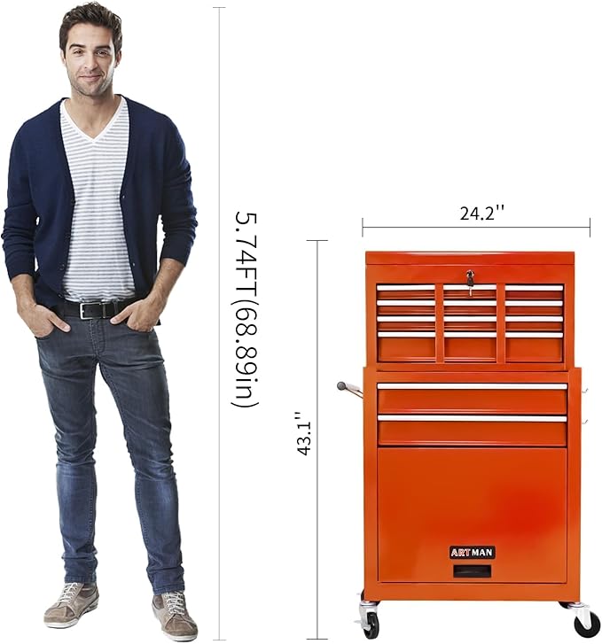 Rolling Tool Chest with Wheels, 8-Drawer Steel Tool Storage Cabinet with Lockable Top, Heavy-Duty Mobile Tool Box Organizer for Garage, Workshop & Job Site