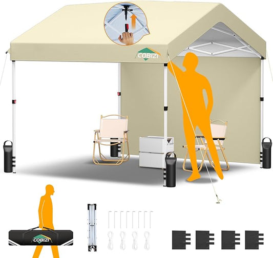 COBIZI 10x10 Pop Up Canopy with One Button Push Center Lock,Ez Up Portable Carport with 1 sidewall,Waterproof UV50+ Outdoor Party Commercial Carport Canopy Gazebos with Carry Bag(10 x 10 ft Khaki)
