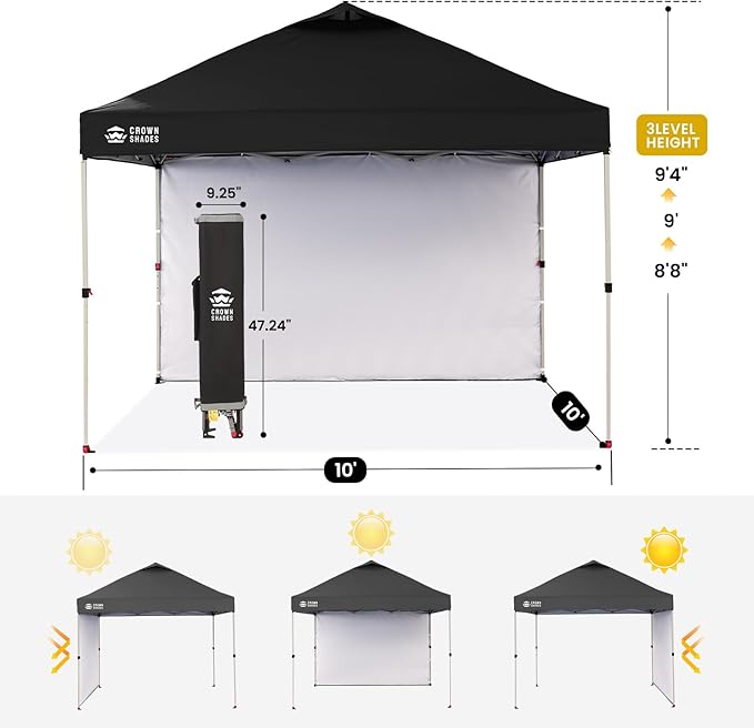 CROWN SHADES 10x10 Pop Up Canopy with 1 Side Wall - Beach Tent with One Push Setup - Outdoor Sun Shade for Events, Parties, Camping - Gazebo with STO-N-Go Cover Bag (Black)