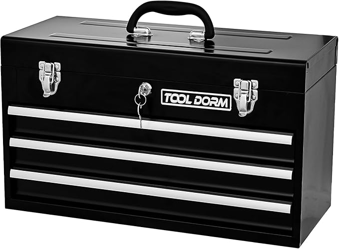 20.3¡° Metal Tool Box with Drawers Portable Steel Tool Box with Protective Liner and Latch Closure and Lock for Garage, Home and Warehouse (Black-3 Drawers)
