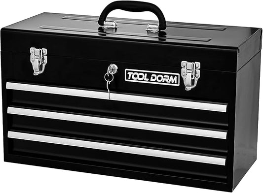20.3¡° Metal Tool Box with Drawers Portable Steel Tool Box with Protective Liner and Latch Closure and Lock for Garage, Home and Warehouse (Black-3 Drawers)