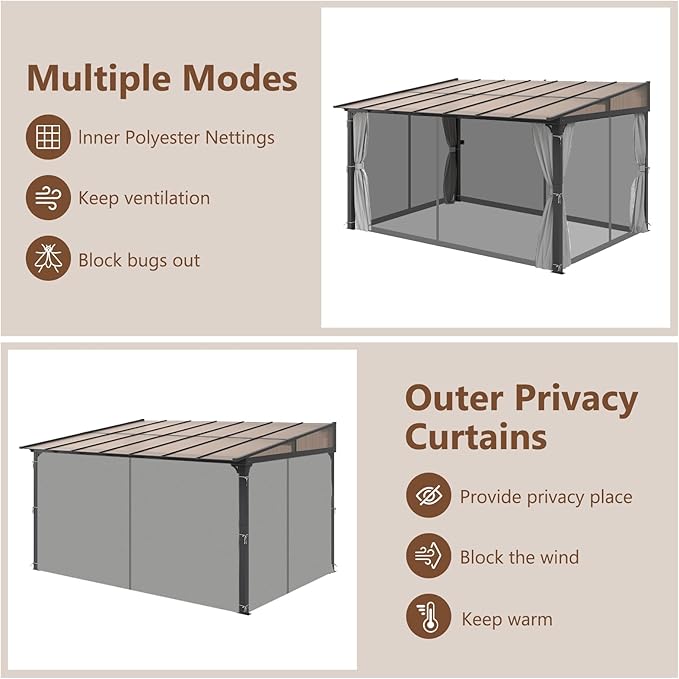 10'x13' Gazebo, Wall Mounted Gazebo Pergola with Aluminum Frame, Curtains and Netting for Patio,Decks, Garden and Lawn