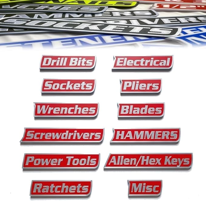 12 Pack of Magnetic Toolbox Labels, 3D-Printed Tool Box Labels, General Tool Box Organize Accessories, Reusable Tags for Steel Toolboxes, Carts, Drawers, and Cabinets (Red)