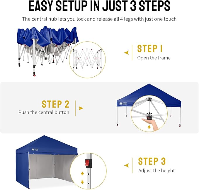 CROWN SHADES 10X10 Comercial Instant Canopy Pop Up Tent with Center Lock (10x10 with 4 Sidewalls, Navy Blue)