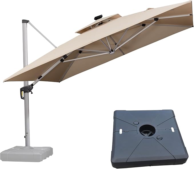 PURPLE LEAF 11 Feet Solar Powered LED Square Cantilever Umbrella With Base Patio Umbrellas Windproof Hanging Umbrella Outdoor Umbrellas Offset Umbrellas, Beige