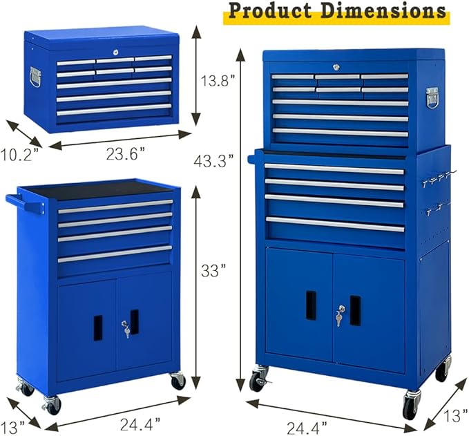 13-Drawer Rolling Tool Chest with Double Door Handle, 2 in 1 Detachable Tool Chest, Large Tool Storage with Wheels, Lockable Tool Cabinet for Garage, Barbershop-Blue
