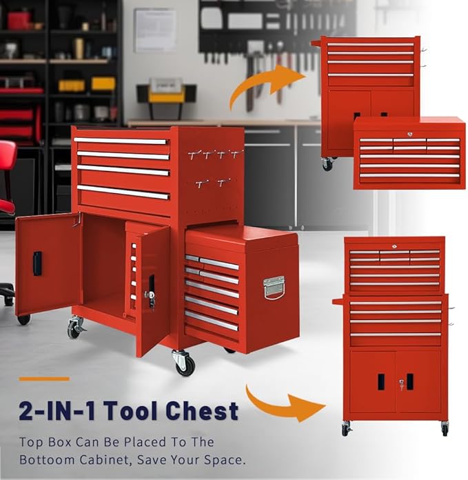 13-Drawer Rolling Tool Chest with Double Doors, 2 in 1 Detachable Rolling Tool Chest with Drawers, Metal Large Lockable Tool Box£¬Mobile Tool Cabinet Combo for Garage Workshop (Red)