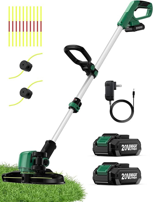 KIMO Cordless Weed Wacker Battery Operated w/ 2 x 2.0Ah Batteries, 2-in-1 String Trimmer & Edger with Charger & Wheels, 12 Dual-Sided Cutting Line, 10Pcs Cutting Lines, 20V Weed Trimmer for Lawn Yard
