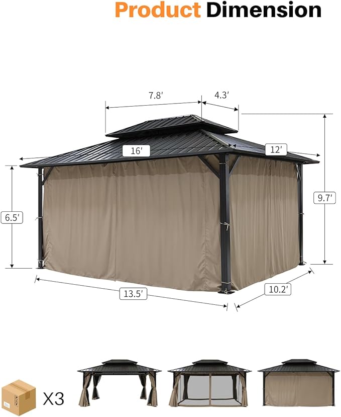 12' x 16' Hardtop Gazebo, Outdoor Patio Gazebo, Aluminum Frame Patio Hardtop Gazebos with Netting and Curtain, Outdoor Patio Pergola with Double Steel Roofs for Deck, Lawns, Garden, Sandstone