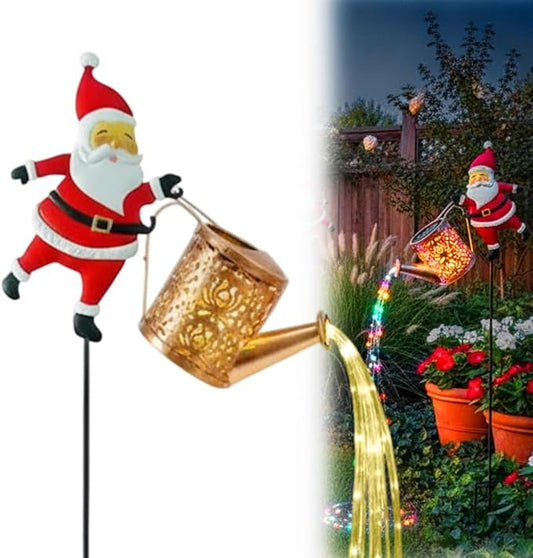 Christmas Santa Solar Kettle Lights Garden Lawn Decorative Lights, Hanging Metal Solar Santa Claus Watering Can Light for Outdoor, Xmas Yard Decor Lamp Vintage Lantern for Patio Path (White)