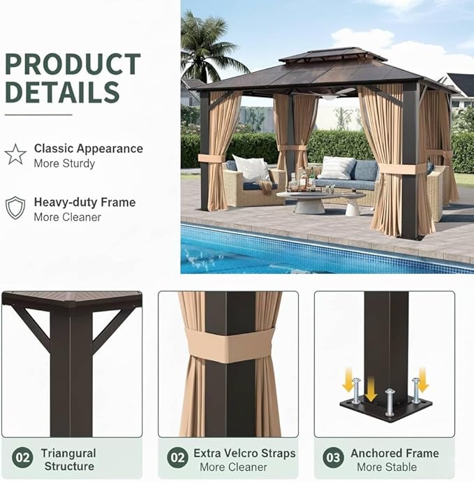 10x12 Hardtop Gazebo with Curtains & Netting, Double Roof Polycarbonate Canopy, Heavy-Duty Aluminum Frame Pergola for Patio, Garden, Deck – All-Weather UV & Rust Resistant