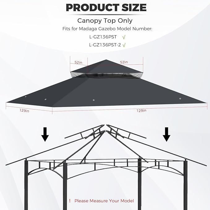 Gazebo Replacement Canopy Top Waterproof Cover, Fits Model L-GZ136PST, Double-Tiered and UV-Resistant (Dark Gray)