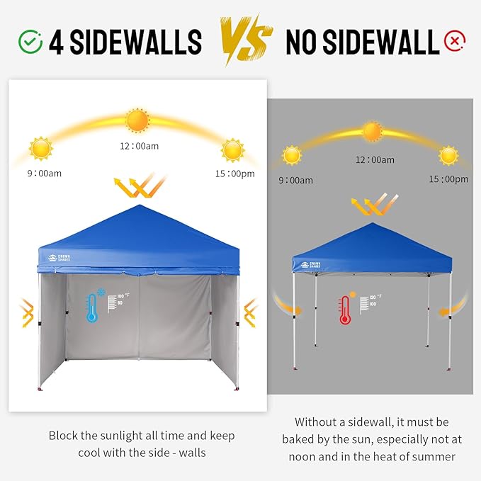 CROWN SHADES 10X10 Comercial Instant Canopy Pop Up Tent with Center Lock (10x10 with 4 Sidewalls, Blue)