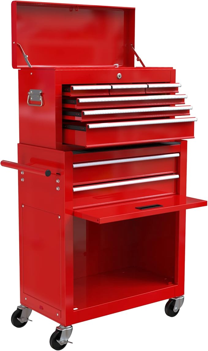 High Capacity Rolling Tool Chest with Wheels and 8 Drawers,Metal Storage Tool Cabinet W/Mobile Case,Pull Handle,4 Hooks,for Workshop Mechanics Garage,Red