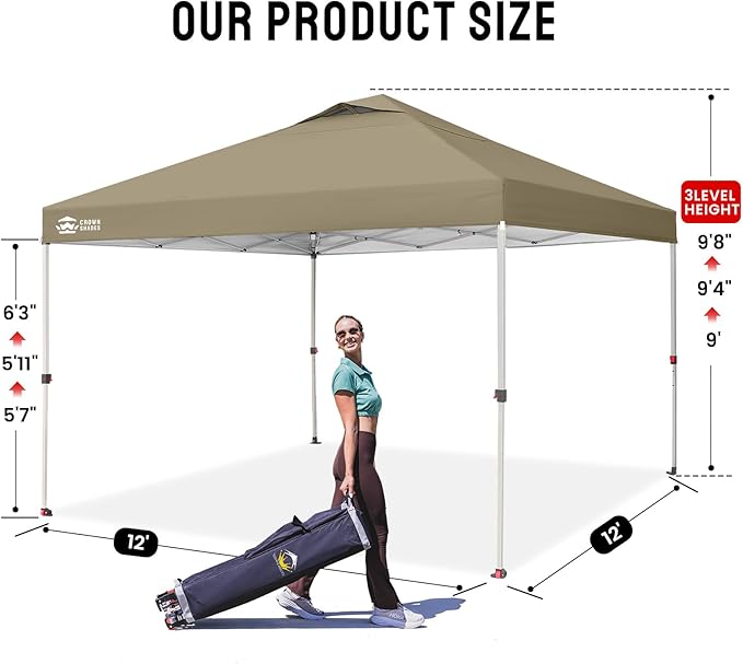 CROWN SHADES 12x12 Pop Up Canopy Outside Canopy, Patented One Push Tent Canopy with Wheeled Carry Bag, Bonus 8 Stakes and 4 Ropes, Beige