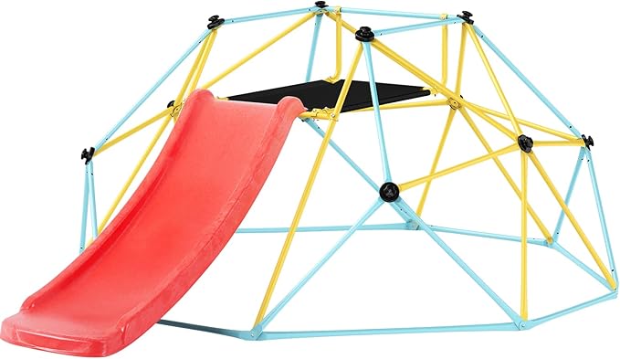 VEVOR Climbing Dome, 8FT Jungle Gym with Slide, Geometric Dome Climber Supports 600LBS and Easy Assembly for Kids 3 to 9 Years Old, with Climbing Grip, Outdoor and Indoor Play Equipment for Kids