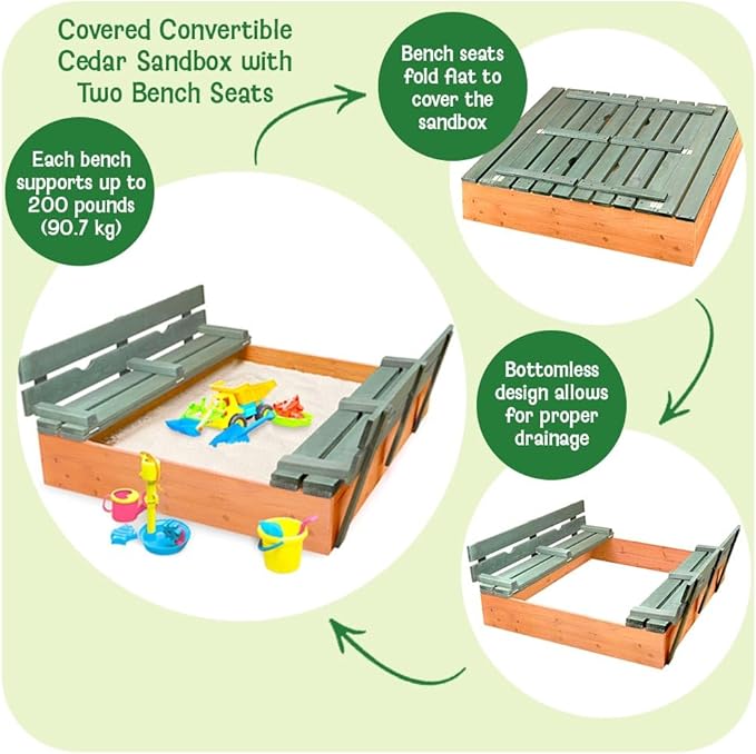Badger Basket Wooden Sandbox with Lid & Benches - Large Outdoor Sandbox for Kids Made of Cedar - Foldable Cover, Seating & Backyard Playset - Natural/Green