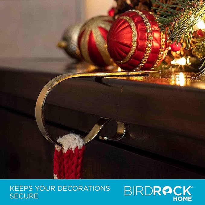 BIRDROCK HOME Christmas Stocking Mantel Hooks - Metal Fireplace Hanger with Non-Slip Pads - Holds Up to 10 lbs - Ideal for Hanging Stockings, Garland & Holiday Decor - 4 Pack, Scroll Design (Gold)