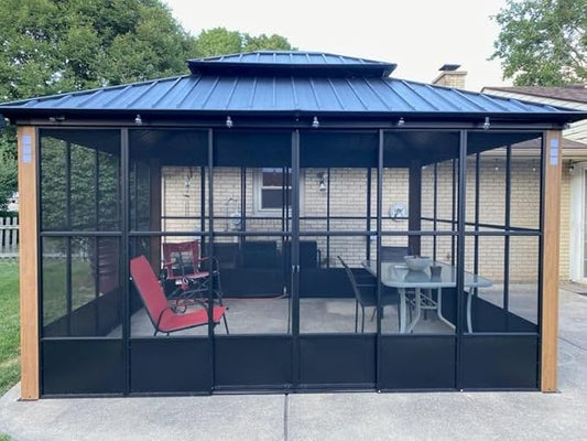 PURPLE LEAF 12' X 14' Sunroom Patio Hardtop Gazebo Double Top Galvanized Steel Screen House Aluminum Sun Room Outdoor Solarium for Garden Backyard and 24 Solar String Light