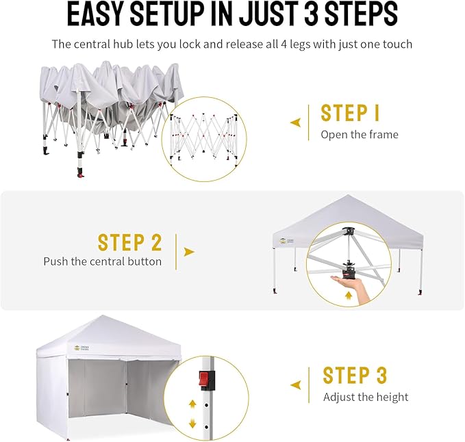 CROWN SHADES 10X10 Comercial Instant Canopy Pop Up Tent with Center Lock (10x10 with 4 Sidewalls, White)