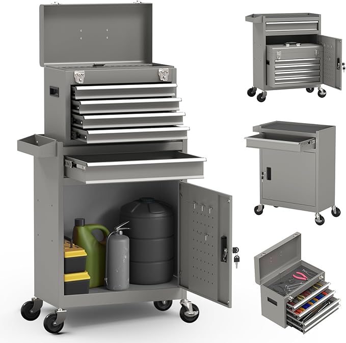 5-Drawer High Capacity Rolling Tool Box, Removable Cabinet Storage Tool Chest with Wheels and Drawers, Detachable Toolbox with Lock for Mechanics Garage Workshop and Tool Room (Grey)