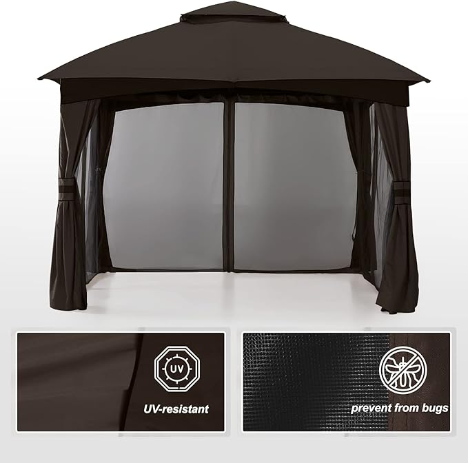 MASTERCANOPY Outdoor Patio Gazebo for Garden with Upgrade Steel Frame and Netting Walls (10x12,Brown)