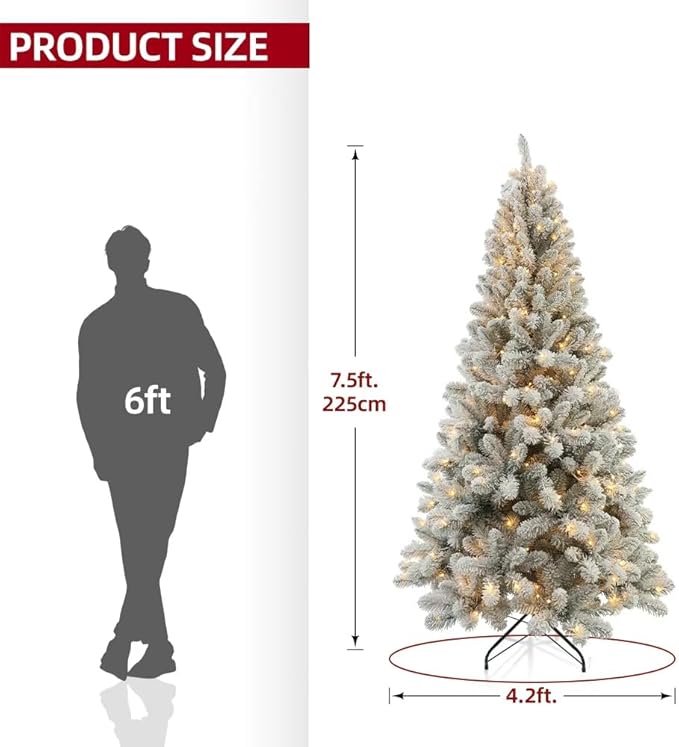 Prelit Christmas Tree With Lights 7.5ft,Premium Snow Flocked Artificial Xmas Tree, With 1364 Branch Tips and 550 Warm Lightsm,Support Automatique,Perfect Choice for Christmas Decorations,White