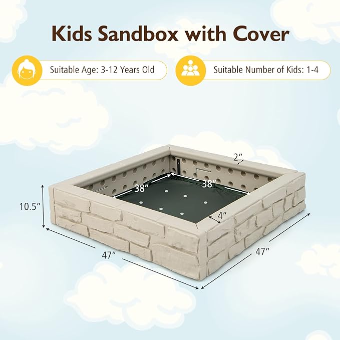 Costzon Kids Sandbox with Cover, 47x 47 HDPE Sand Box w/Oxford Cover, Bottom Liner, Reinforced Structure, Weather Resistant Outdoor Sand Pit for Backyard Lawn Garden Beach (Oxide White)