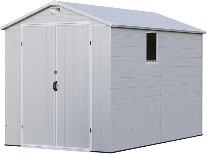 Patiowell 6x10 FT Outdoor Storage Shed with Floor, Large Plastic Resin Garden Shed with Lockable Door, Windows, Weather-Resistant for Lawn Mower, Tool & Backyard Storage (Light Grey)