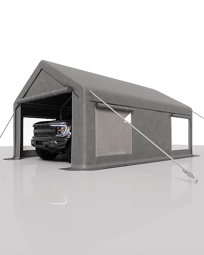 13X20 FT Portable Carport Garage with Roll-Up Windows & Doors, Heavy-Duty 200g PE Tarp, Waterproof & UV Protected Outdoor Shelter for Car, Boat, Truck, Motorcycle