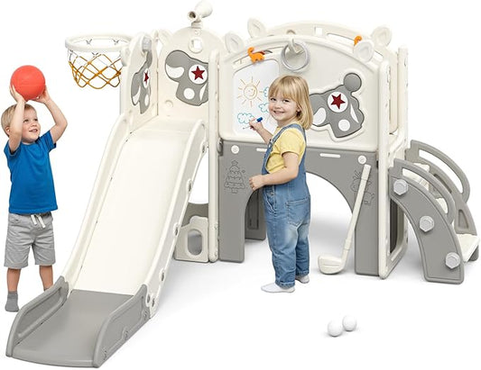 Mloong Toddler Slide for Kids - 10 in 1 Kids Slide for Toddlers Baby 1-3 Years Old, Indoor and Outdoor with Basketball Hoop Golf Drawing Set, Easy Assembly Elk Theme (Beige & Gray)(54×62×39in)