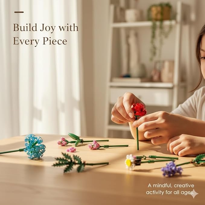 1000 Pcs Flower Bouquet Building Kit,Artificial Flower Bouquet Kit for Adults, Botanical Collection Home Decor, for Women and Girls,Anniversaries and Christmas Ideal Gift