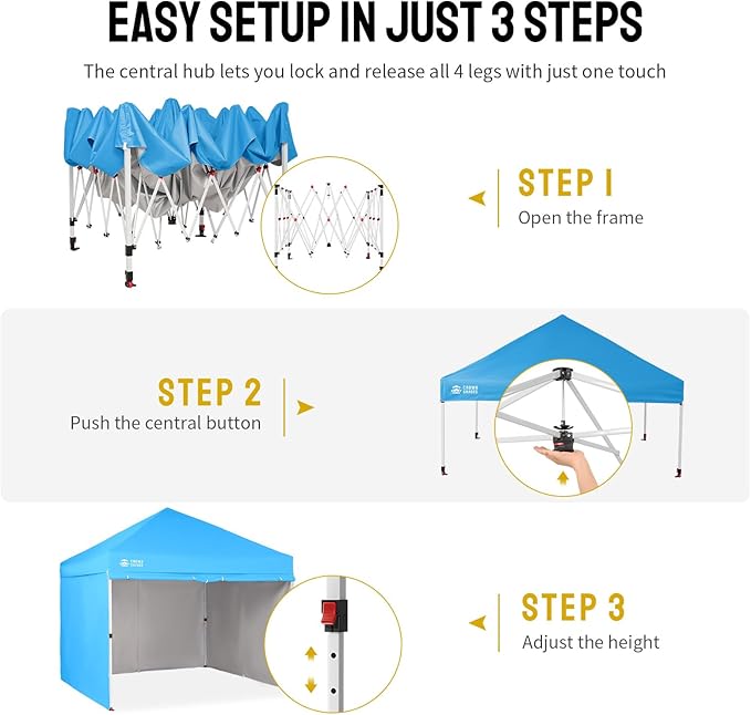 CROWN SHADES 10X10 Comercial Instant Canopy Pop Up Tent with Center Lock (10x10 with 4 Sidewalls, Sky Blue)