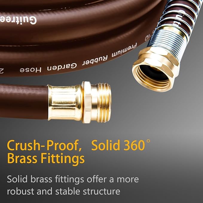 Garden Hose 25FT x 5/8, Heavy Duty Rubber Hose, Water Hose with Five Layered Braiding, Male to Female Fittings, 1000PSI Burst, 300PSI Working (Brown)