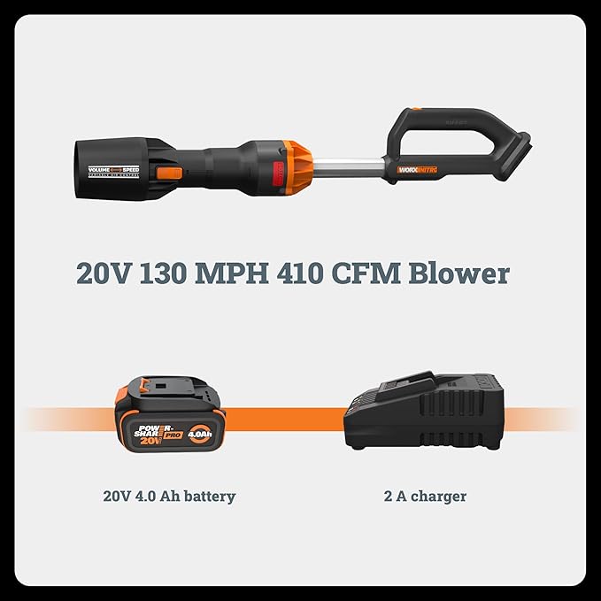 WORX Nitro Cordless Leaf Blower, Electric Blower with 410 CFM & 130 MPH, Blowers for Lawn Care with 3.8 Lbs, 4.0 Ah Battery & Charger Included, WG543