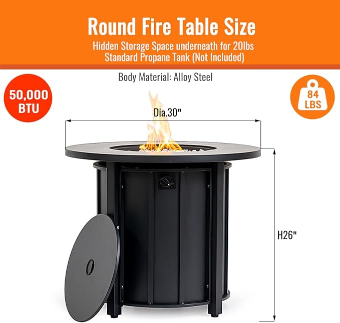 30'' Marble Ceramic Round Gas Fire Pit, 50,000 BTU Outdoor Fire Tables, Fire Table with Lid, Add Warmth & Ambience to Gatherings and Parties On Patio Deck Garden Backyard, White Glass Stone.